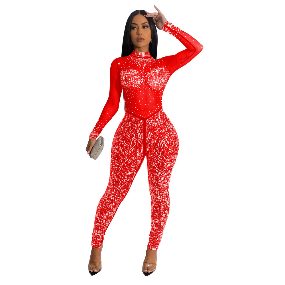 C6203 cross-border   fashion women's solid color mesh rhinestone long sleeve pants jumpsuit