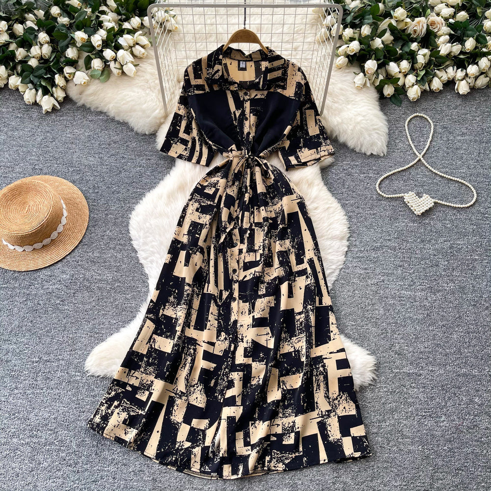 Frenchclassy sense of strap waist printingdress female k-style short-sleeved work clothingv neck a-line elegant long skirt