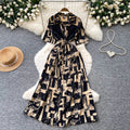 Frenchclassy sense of strap waist printingdress female k-style short-sleeved work clothingv neck a-line elegant long skirt