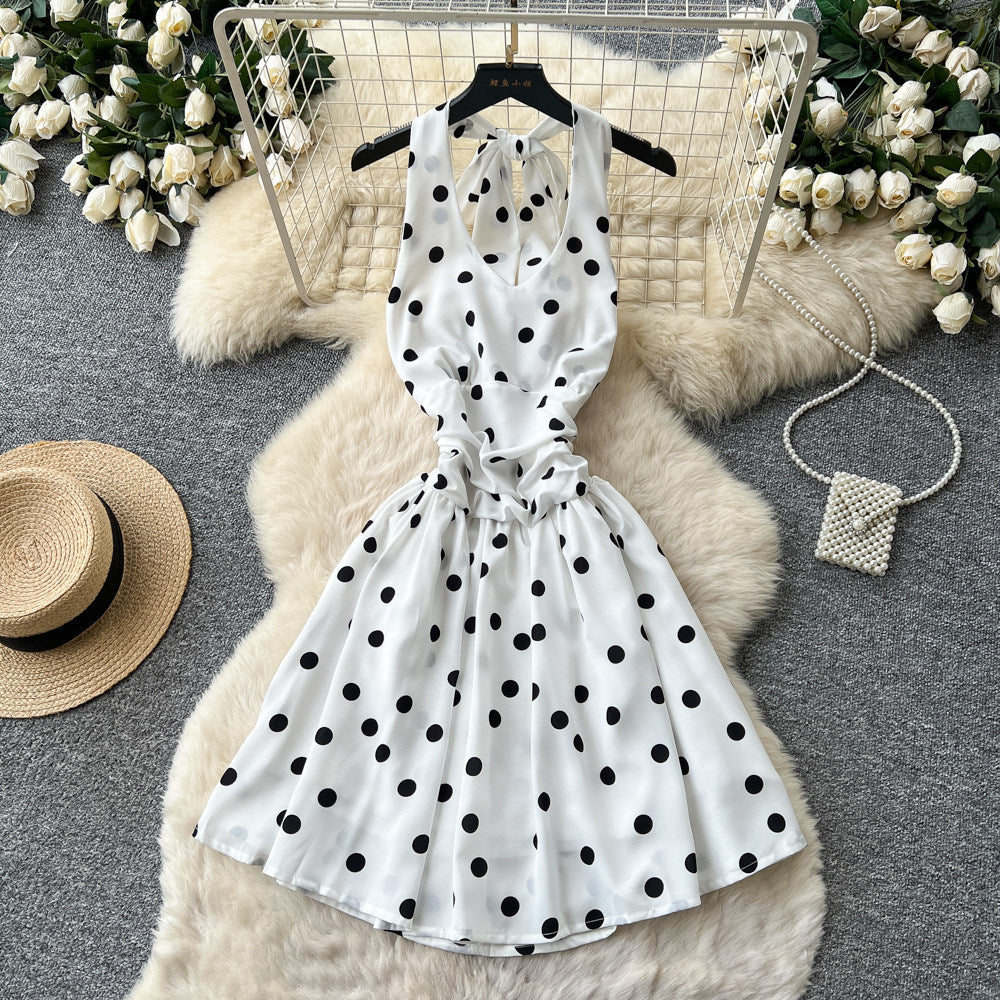 French sweet polka dot halter dress women's summer korean style v-neck backless tie-waist slimming mini dress