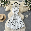 French sweet polka dot halter dress women's summer korean style v-neck backless tie-waist slimming mini dress