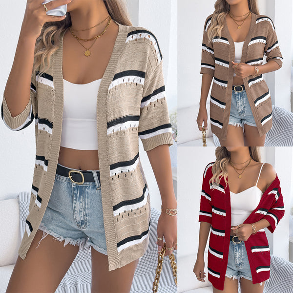 Real shot 2025 spring and summer casual striped hollow medium-sleeved knitted sweater vacation cardigan, independent station  women's clothing