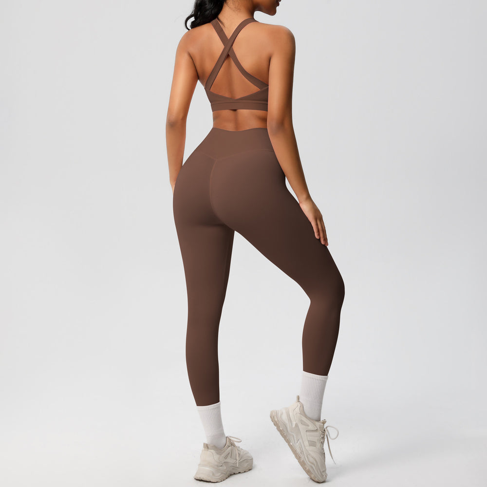 fashionpure color double-sided brushed back cross sports intimates yoga suit running fitness two-piece set