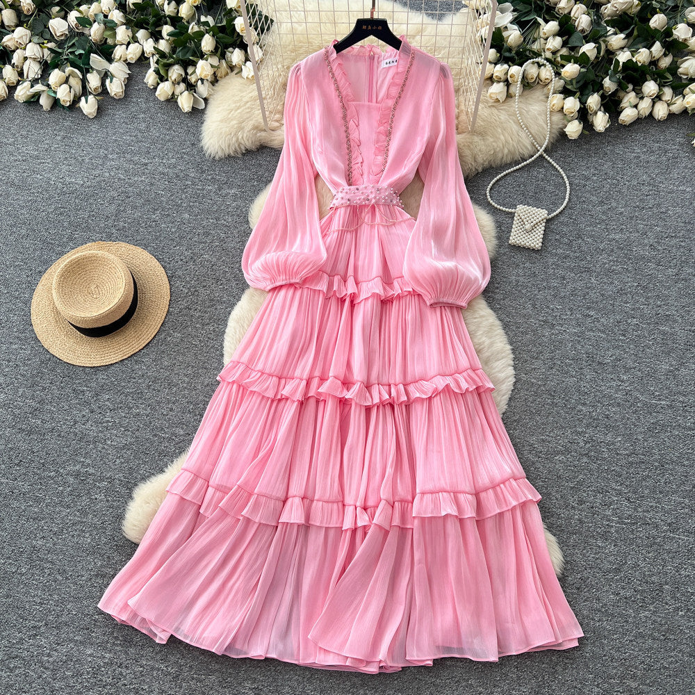 French sweet style pink lantern sleeve dress - women's spring/autumn cinched waist ruffle trim elegant cake dress - slimming