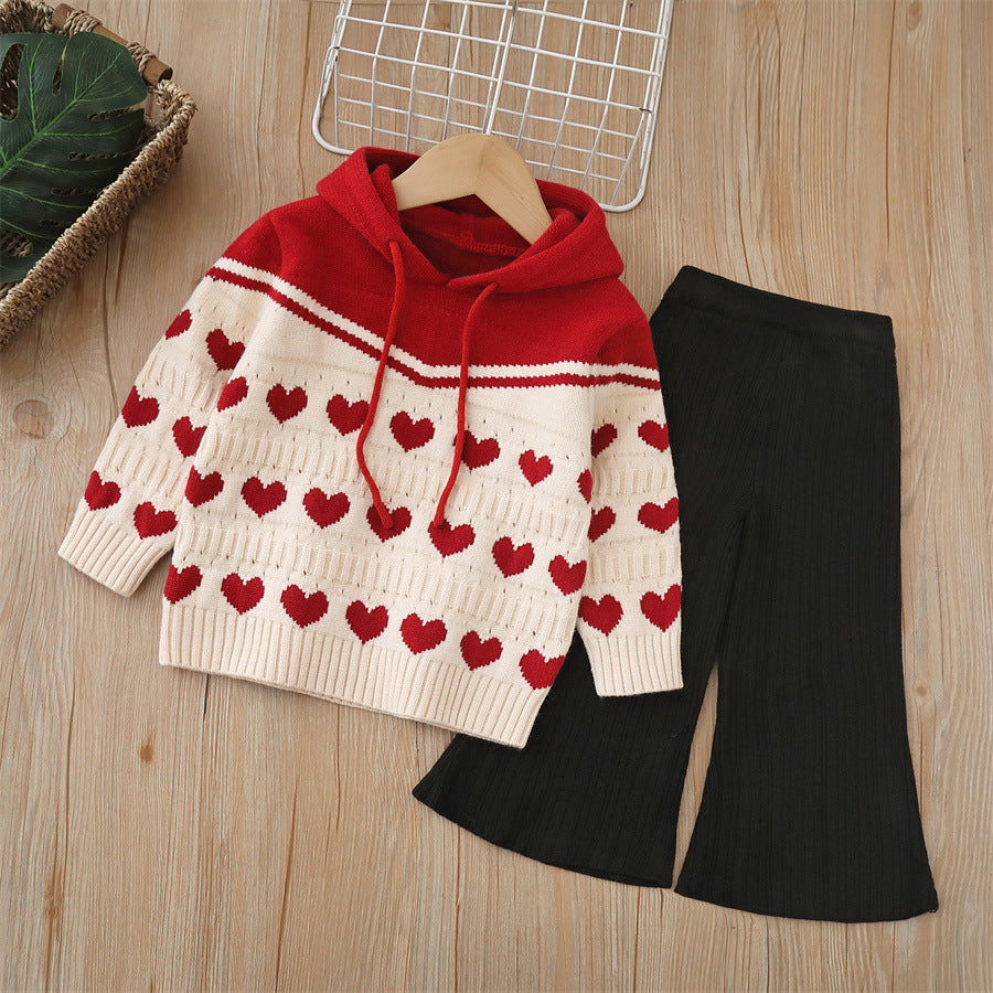Girls' sweater two-piece set:  autumn/winter new collection - knitted hoodie and pants set for mid-sized children