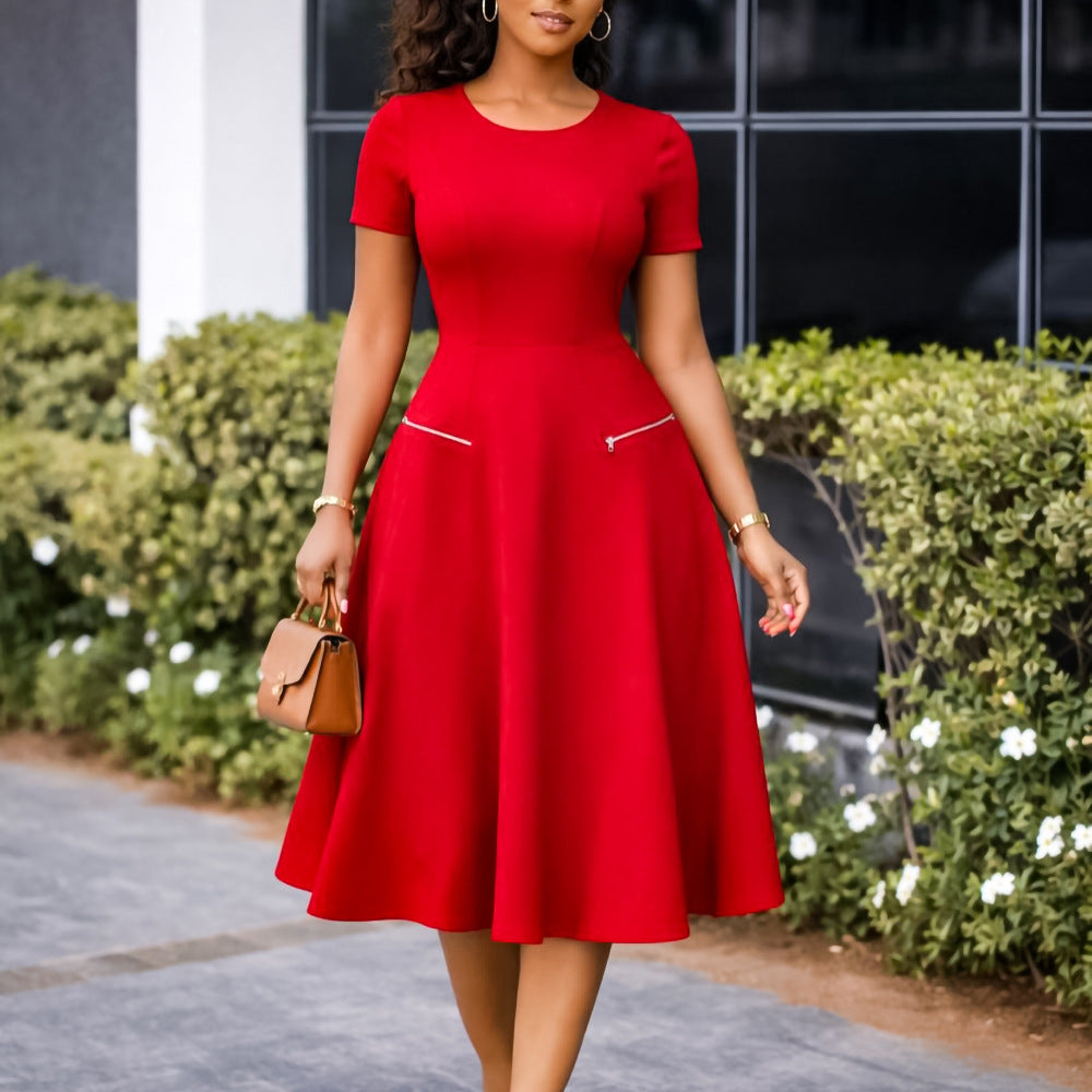 D619  foreign trade  new women's elegant minimalist round neck slimming solid color dress