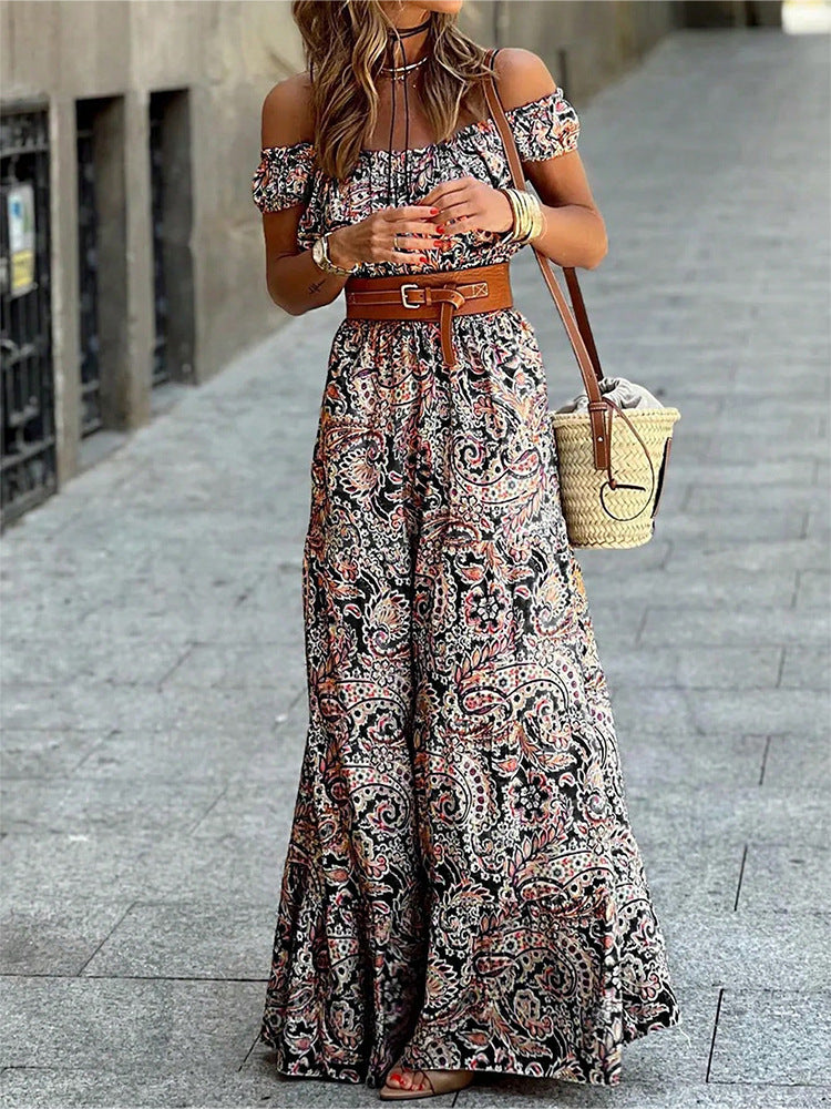 Amazon fashionexportprintingone shoulder princess sleeve high waistsense of designa-linedressfemaleelegantwork clothing