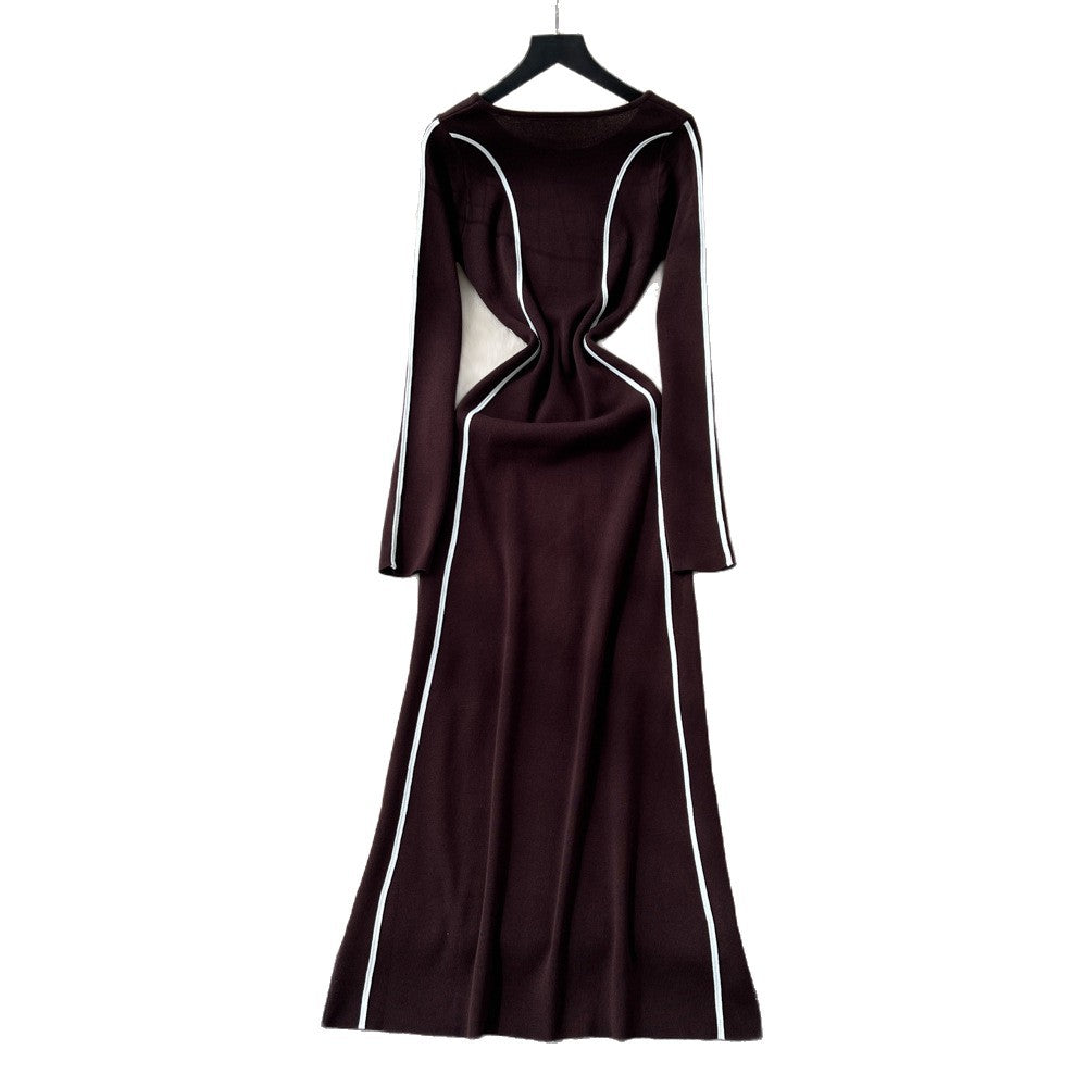 Frenchclassy niche stylefashioncontrast color side patchwork waist round neck long sleevessweaterdress women's slimming look long skirt