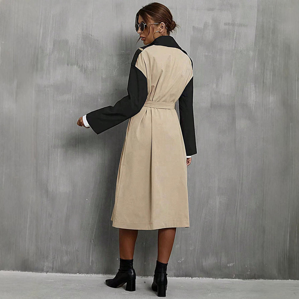 cross-border european and american style retro patchwork windbreaker asymmetrical color block turn-down collar single-breasted loose casual overcoat