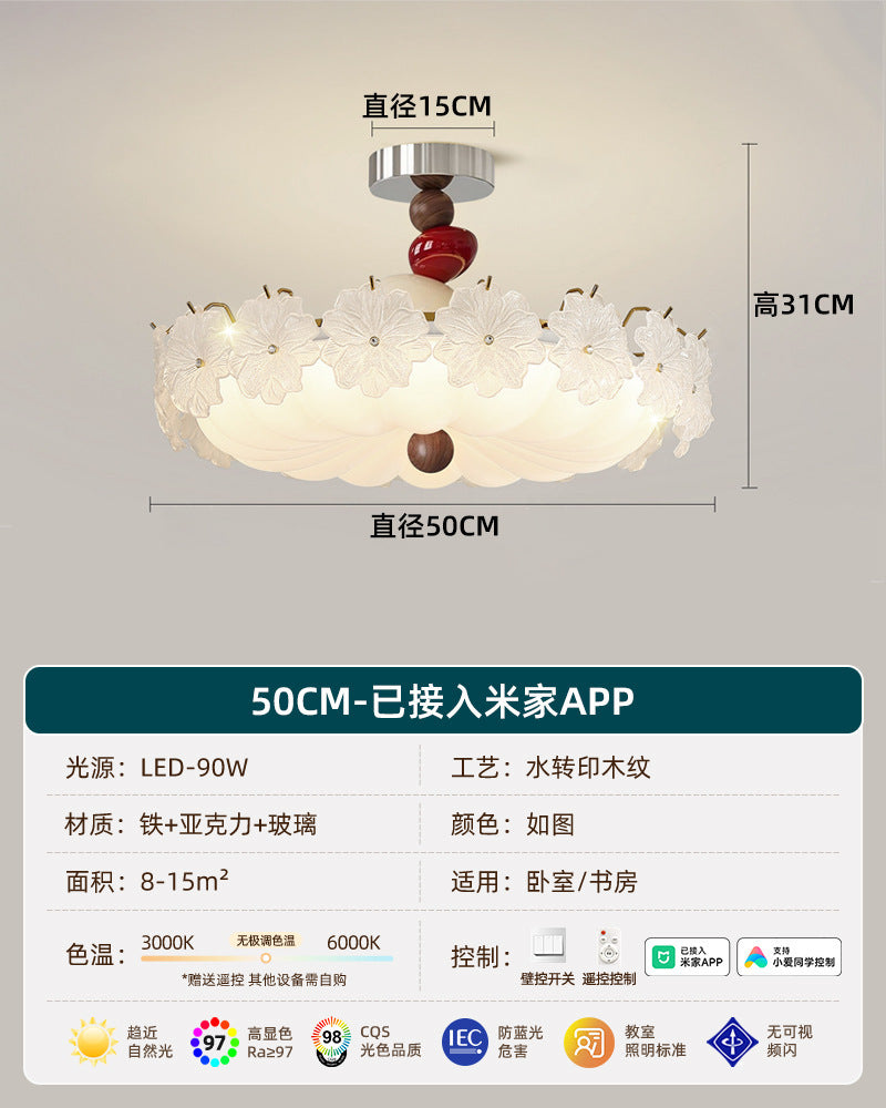 French retro embossed glass flower round ceiling light - walnut wood, soft light, cream style - perfect for kids' rooms and bedrooms