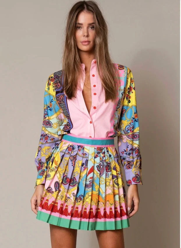 European and american cross-border women's fashion:  autumn hot-selling two-piece set - position print long-sleeve shirt top & elegant pleated skirt