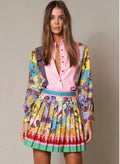 European and american cross-border women's fashion:  autumn hot-selling two-piece set - position print long-sleeve shirt top & elegant pleated skirt
