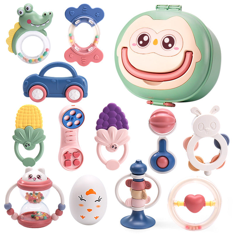 Infant rattle toy, boilable educational teether, chewable newborn baby hand rattle with storage box for infants and children