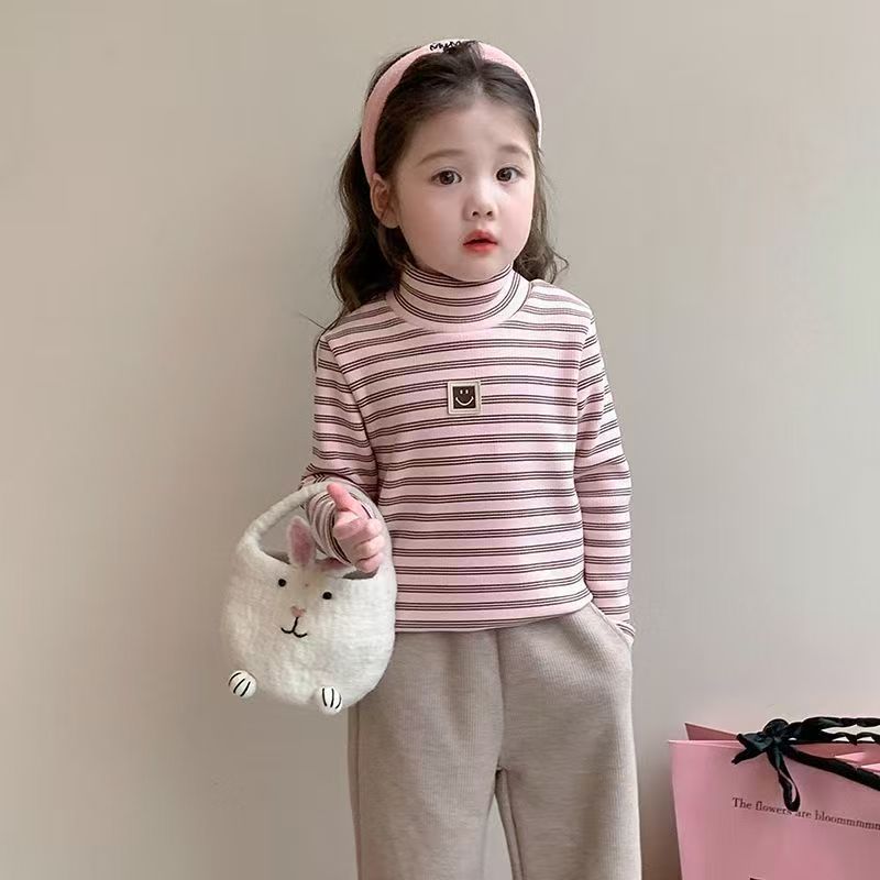 Long sleevesstripes bottom baby style middle and small children boys and girls single tops inner bottom shirt girl high collar thickened