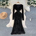 Fashionelegant dinner style black sequindress women's long sleevesv necksilmelegance mermaid dressclassy