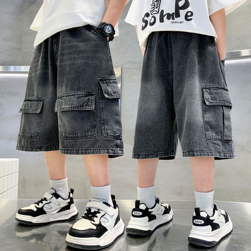 Boys' summer denim shorts: new stylish mid-length shorts for older boys, cool summer workwear-style capris
