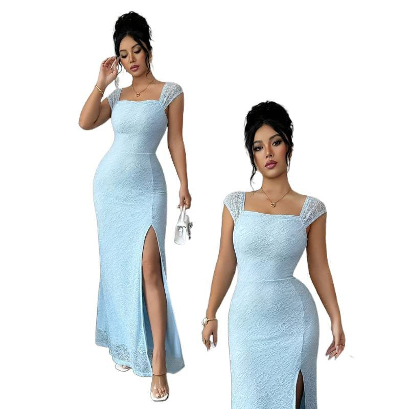 Women's summer elegant french romantic knitted lace textured high-slit slim-fit maxi dress
