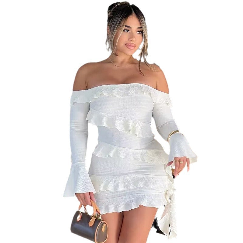 autumn new arrivals: european and american style fashionable long-sleeve flared sleeve off-the-shoulder ruffle trim ribbon tie cropped dress