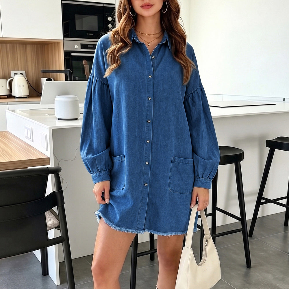 Fashion cross-border foreign trade  new arrival lapel lantern long sleeves single-breasted loose mid-length denim dress