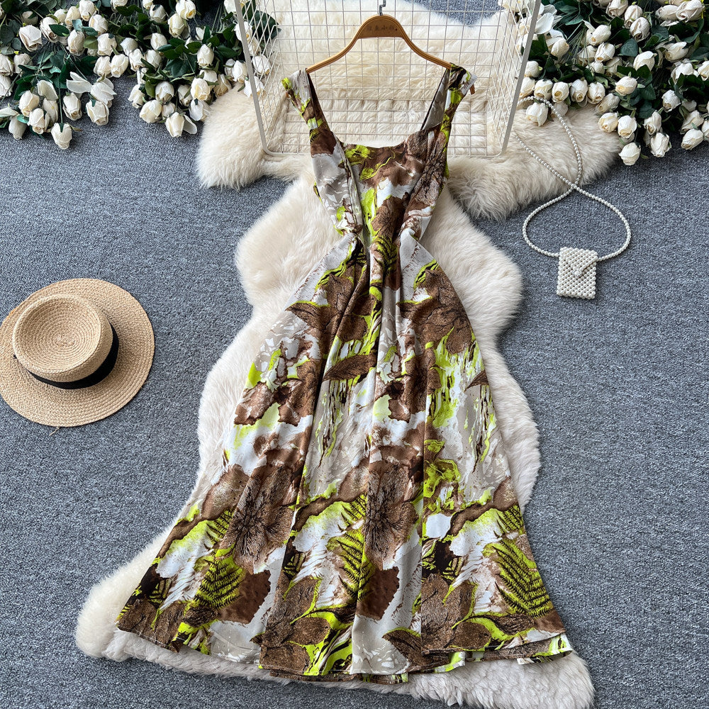 French riviera style red floral print sleeveless dress - women's summer korean high-waisted a-line slimming maxi dress