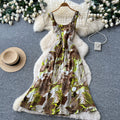 French riviera style red floral print sleeveless dress - women's summer korean high-waisted a-line slimming maxi dress