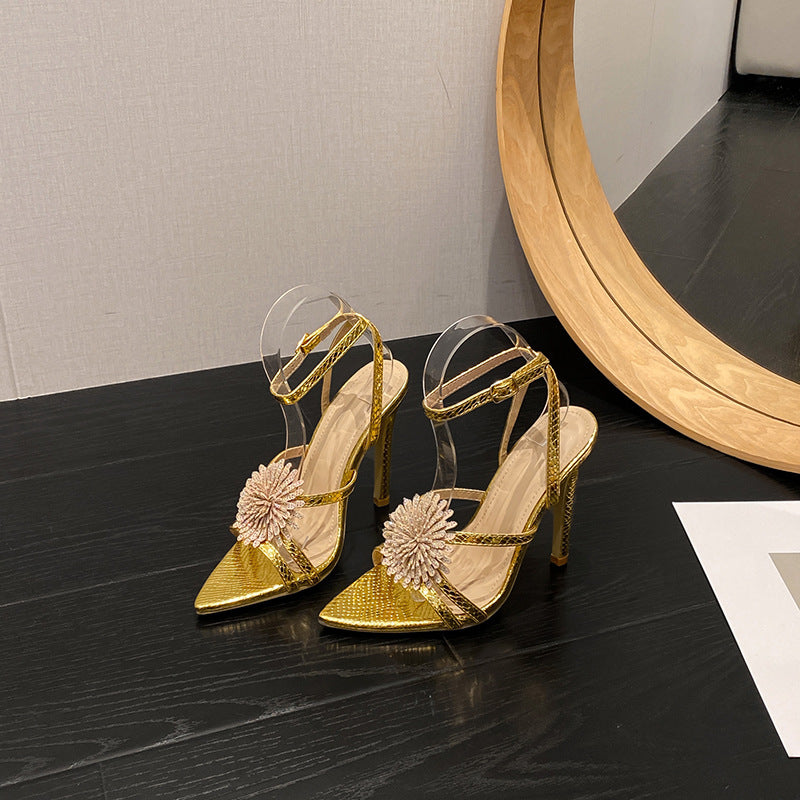 New square-toe open-toe french-style elegant high heel sandals for women, black, gold, and silver, sizes 35-42, with floral embellishments