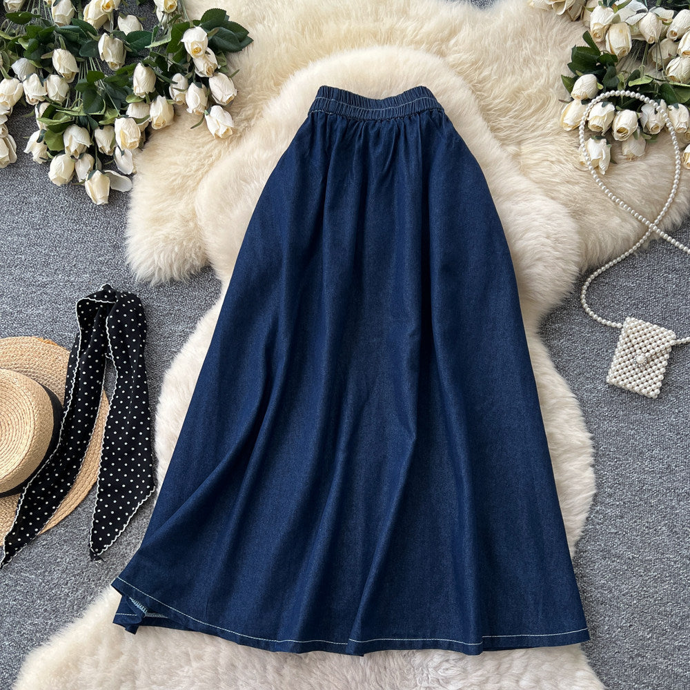 K-style light mature style polka dot silk scarf a-line skirt women's summercasualslimming look denim patchwork mid-length skirt work clothing
