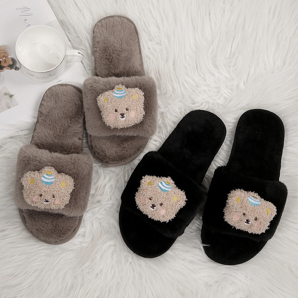 Trendy cute bear flat cotton slippers for women - 2024 autumn/winter new arrival - adorable warm one-strap fuzzy slippers