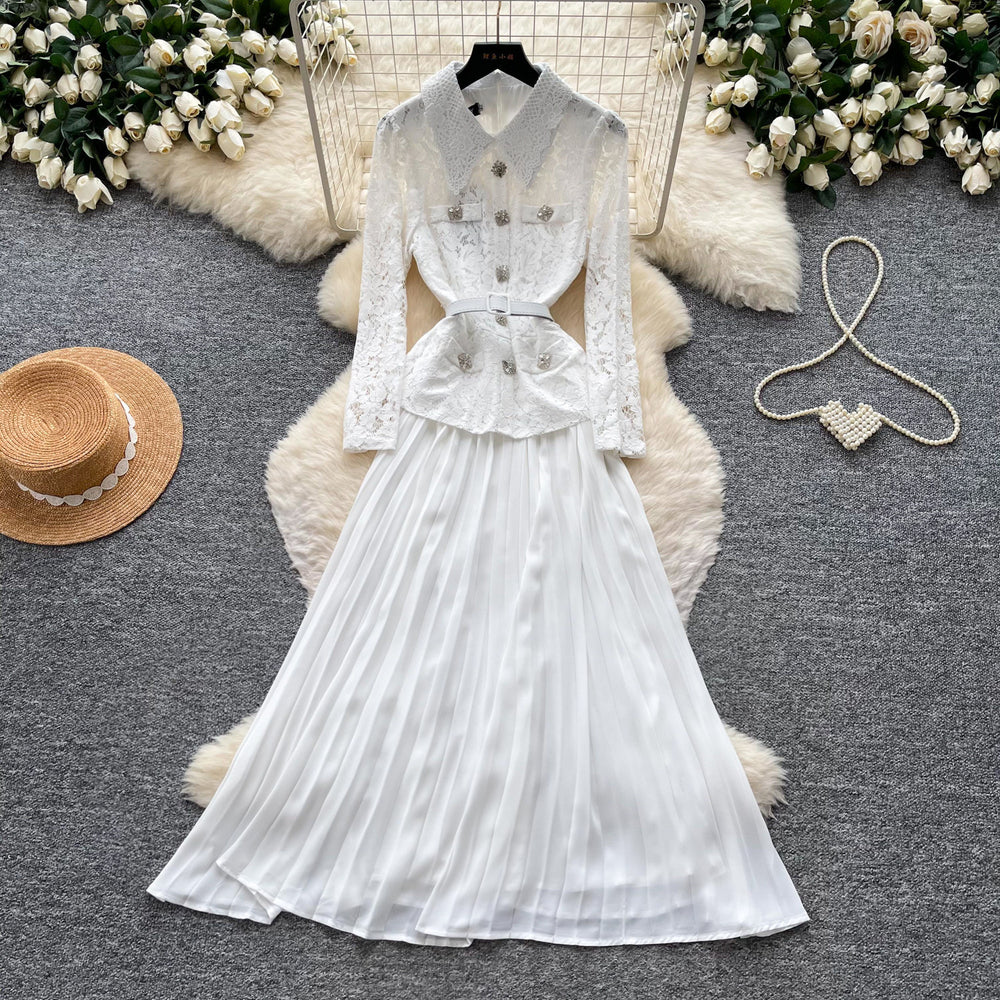 Vintage lace patchwork heavy-duty lapel dress - women's spring/autumn long sleeve a-line maxi dress - commute-friendly, high-end style