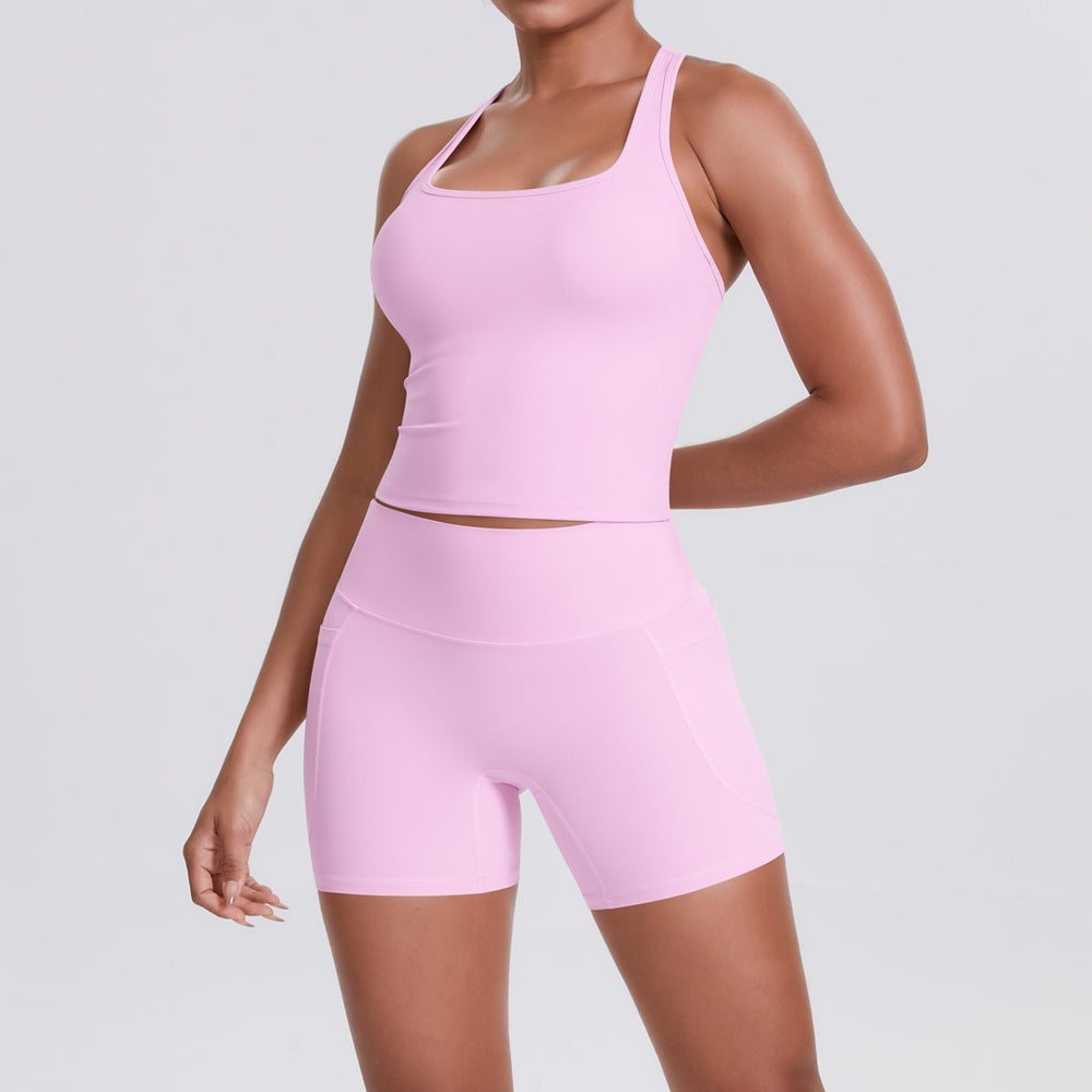 brushed pure color tight racerbackflap pocket pants shorts sports suit running fitness yoga wear two-piece set