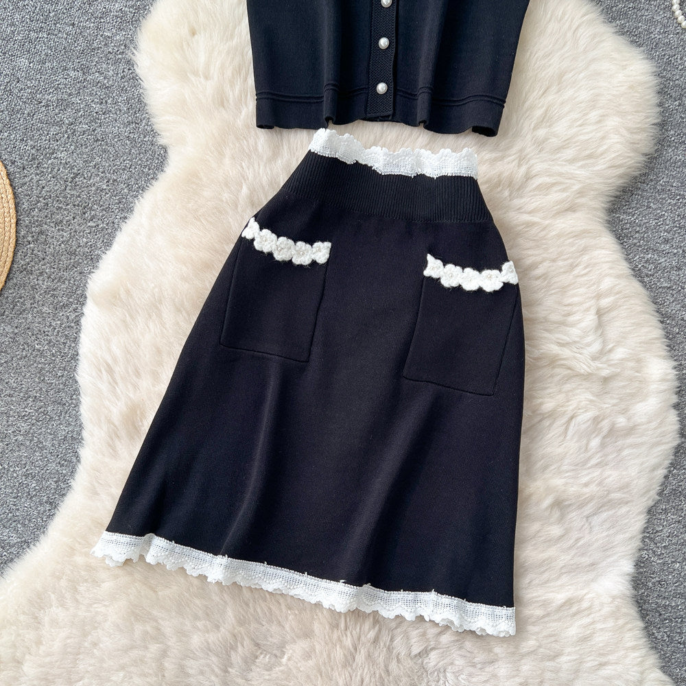 French chic lace trim sleeveless tank top & high-waisted midi skirt set -  summer collection - elegant knit two-piece