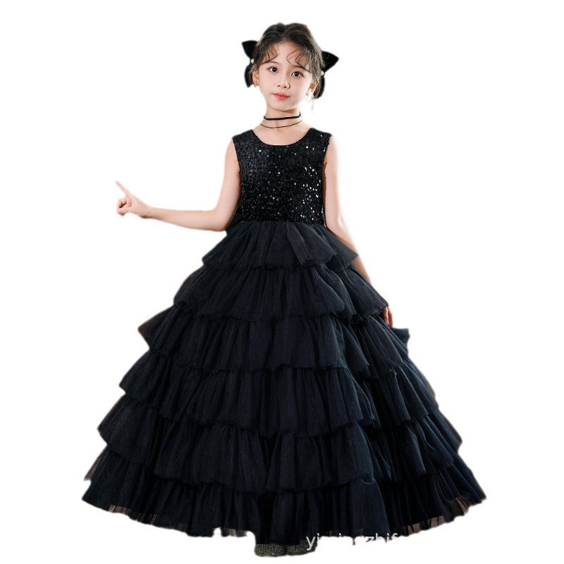 Hot-selling ready-to-ship girls' dresses: new european and american style, elegant tulle skirts, children's tiered dresses, high-end black halloween dresses