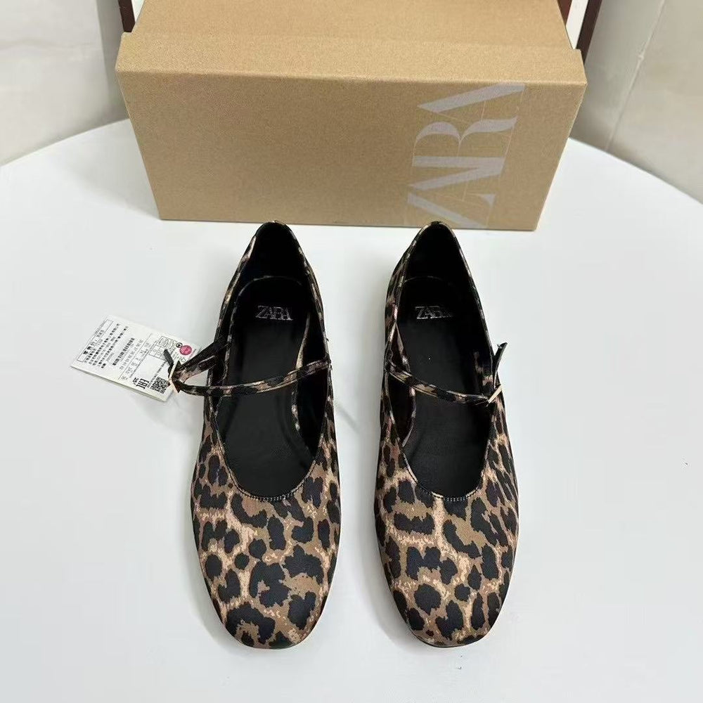 Za2025 new leopard print round toe flats women's shoes french mary jane casual versatile commuter shoes