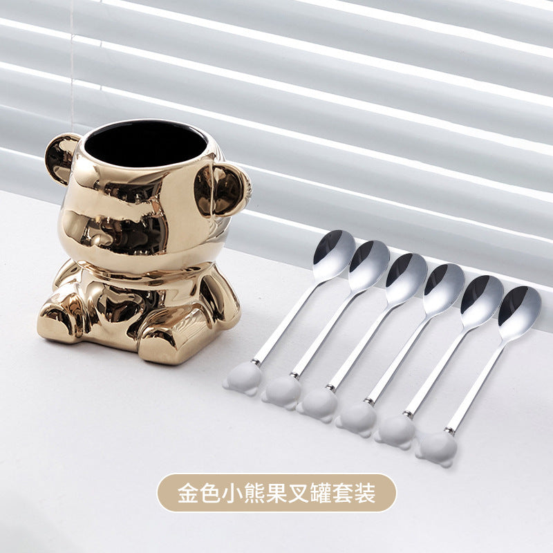 Ceramic bear stainless steel fruit fork set - stylish fruit picks, home use, light luxury forks and spoons, wholesale fruit forks