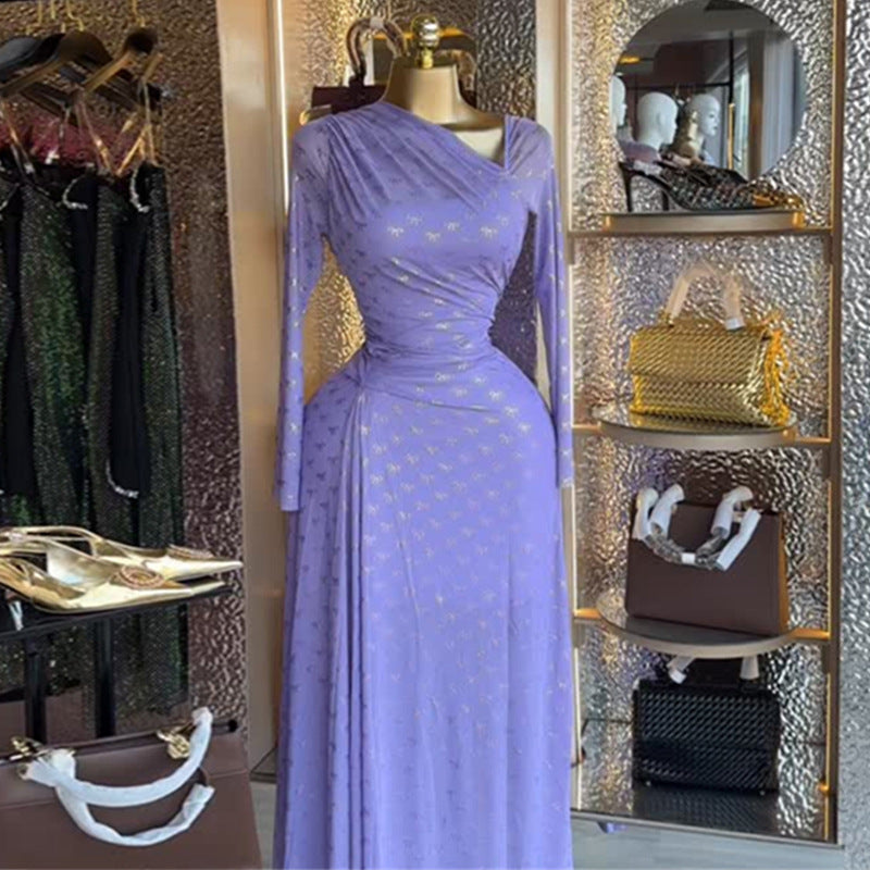 European and american women's clothing  autumn new sweet and fresh printed mesh one-shoulder long sleeve high-waisted slimming dress