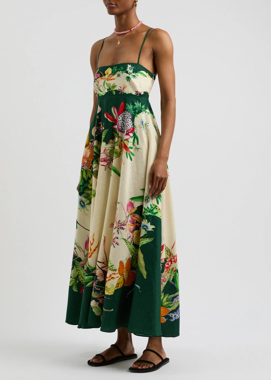 cross-border  women's new elegant high-waisted cotton linen printed camisole casual fashion dress