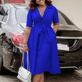 D506 african women's fashion summer  new arrival: chic blazer collar short sleeve solid color cinched waist flared hem export dress