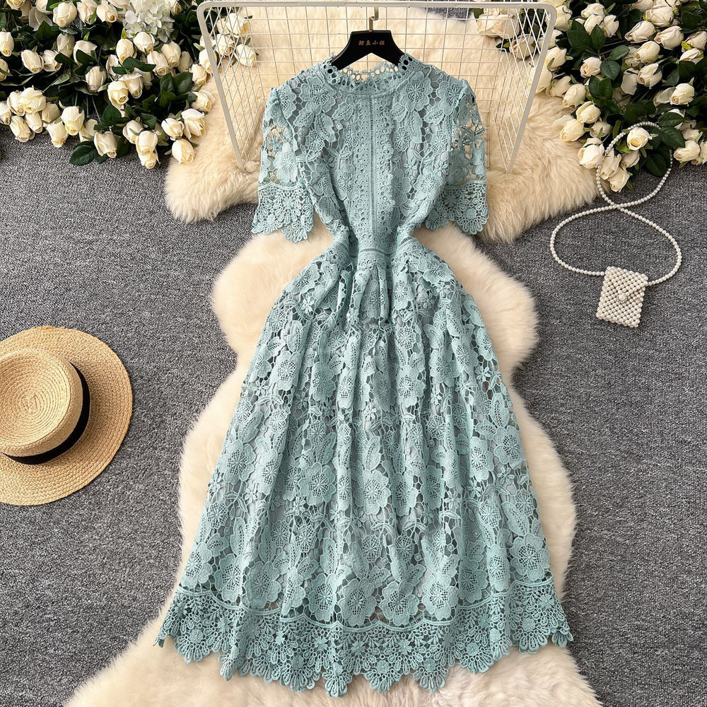 Retroelegance heavy industry cut out crochet water soluble lacedress women's french waist slimming look short sleeve dress long skirt