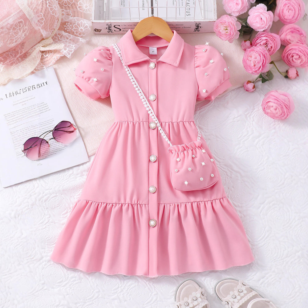 Girls' dress, solid color dress with pearl sleeves + pearl crossbody bag