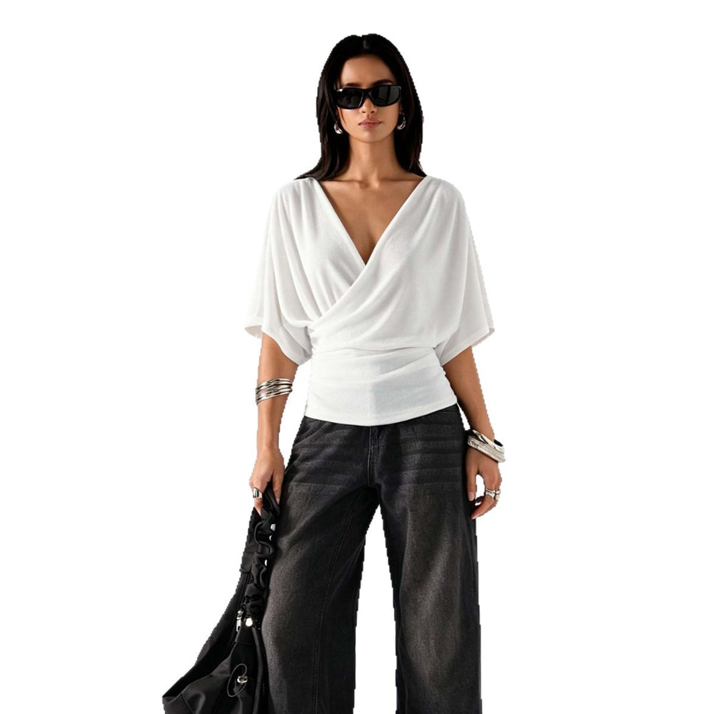 French-style criss-cross v-neck batwing sleeve top - women's slimming, ruched, and figure-flattering t-shirt for a chic and gentle commute