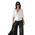 French-style criss-cross v-neck batwing sleeve top - women's slimming, ruched, and figure-flattering t-shirt for a chic and gentle commute