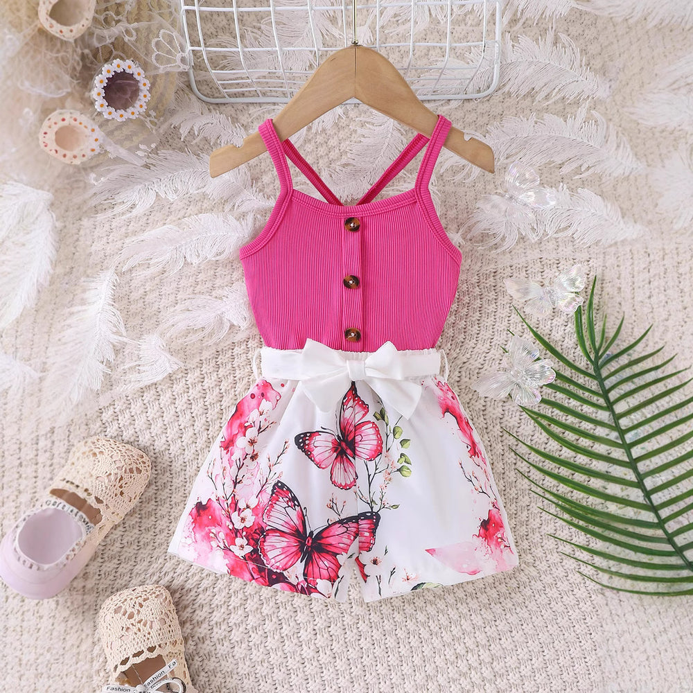 Children's clothing  fashion children's clothing rose red suspender top + printing pattern shorts girl