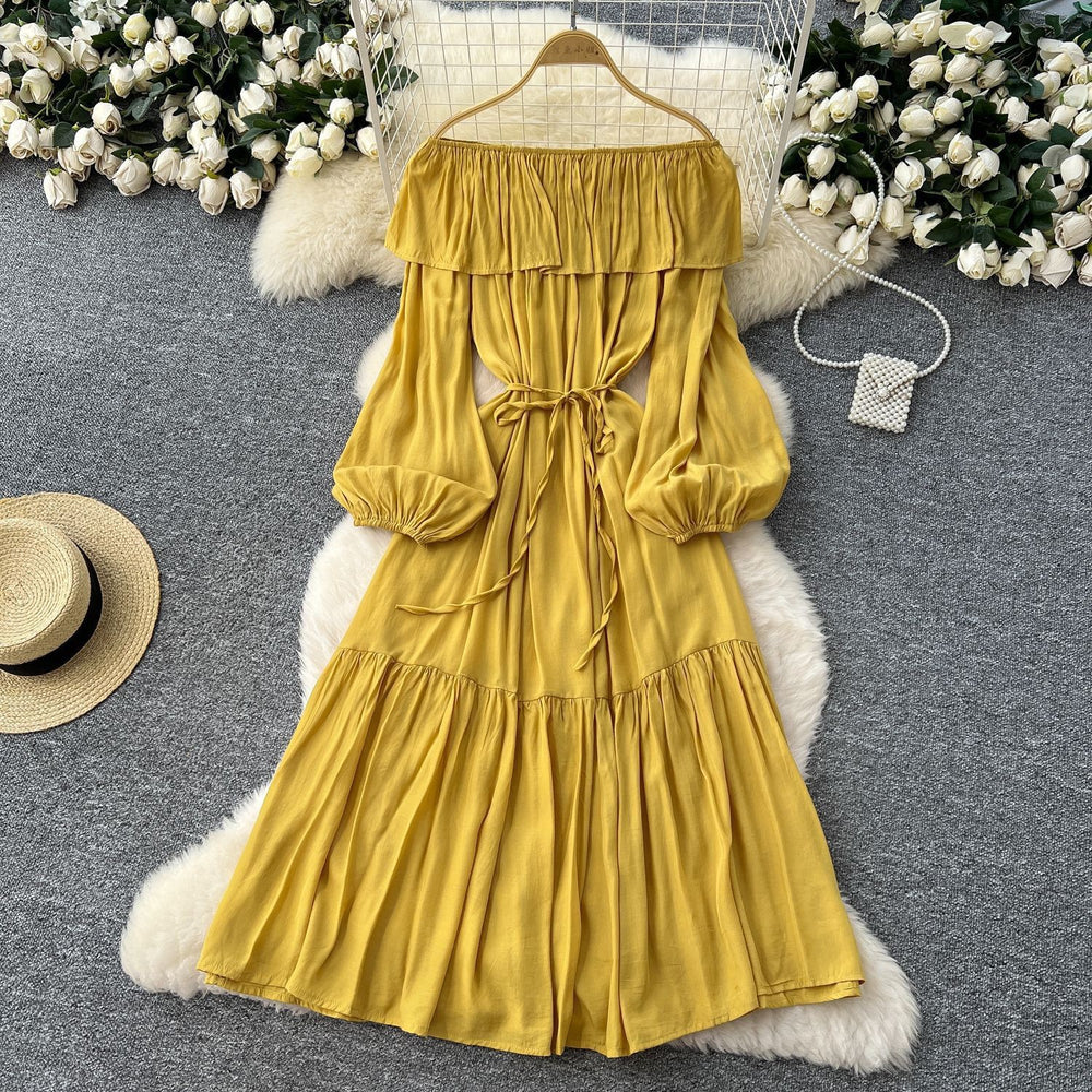 French chic one-shoulder ruffle trim lantern sleeve bodycon midi dress