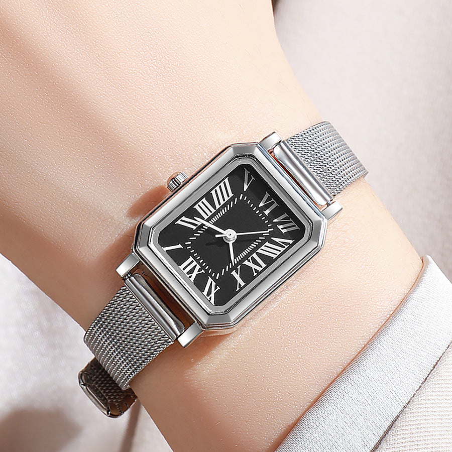 Vintage small square dial elegant student watch niche high-end metal mesh strap women's quartz watch wholesale