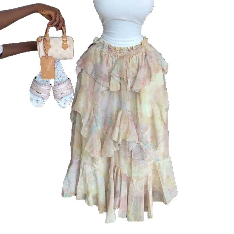 European and american cross-border women's fashion:  summer new arrivals - sweet & fresh high-waisted ruffle hem asymmetrical print midi skirt