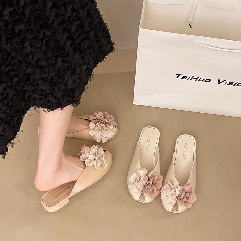 Baotou half slippers for women outwear2025 spring and summer new arrivalfashion flower fairy style with skirt flats sandals