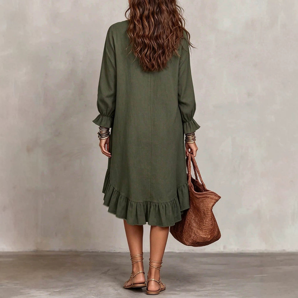 Women's vacation-ready slip dress: relaxed fit, v-neck, slit hem, ruffle trim, midi length - wholesale available