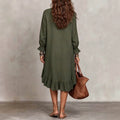 Women's vacation-ready slip dress: relaxed fit, v-neck, slit hem, ruffle trim, midi length - wholesale available