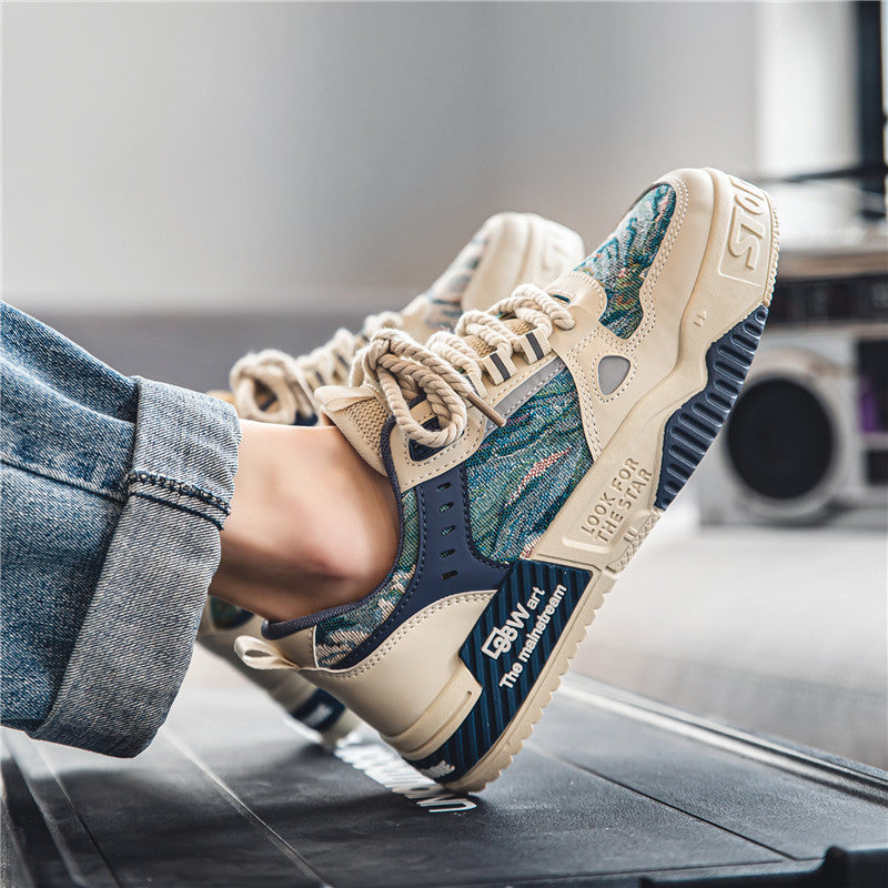 Trendy chinese style men's shoes 2025 new spring breathable versatile niche original casual skate shoes chunky sole non-slip athletic trendy shoes