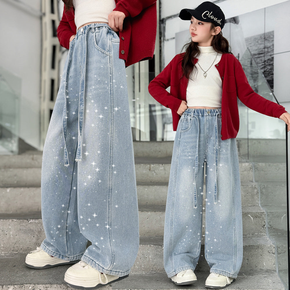 Girls' spring pants: denim & wide-leg styles - new  collection for older girls & teens - straight leg, rhinestone embellishments